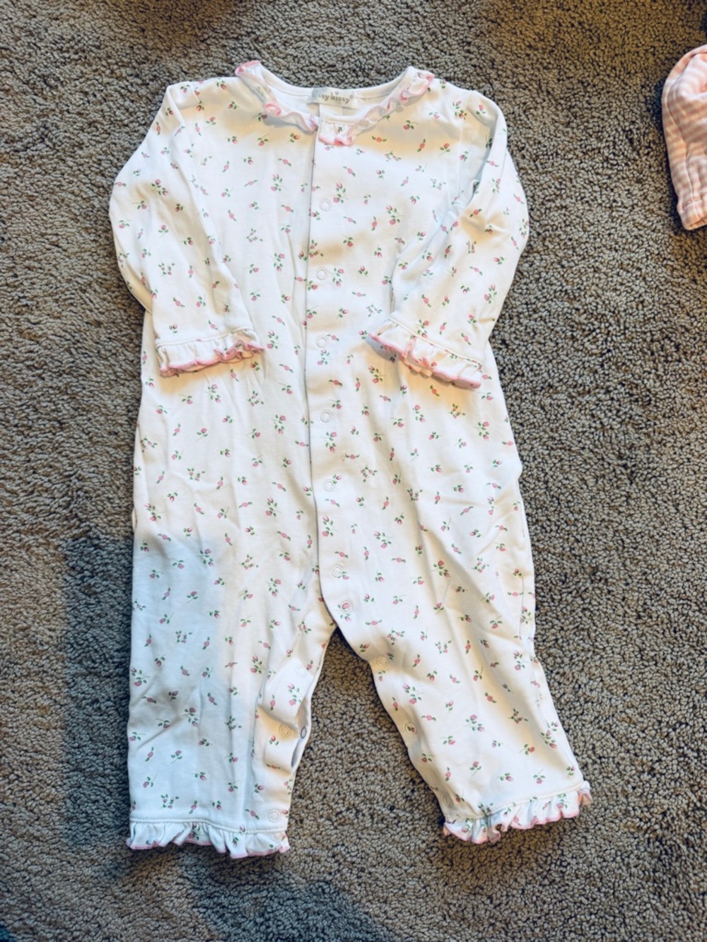 Kissy Kissy White Floral Footie with Pink Ruffle Trim